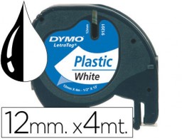 Cinta Dymo Letratag 12 mm. plástico blanco tinta negra 91201